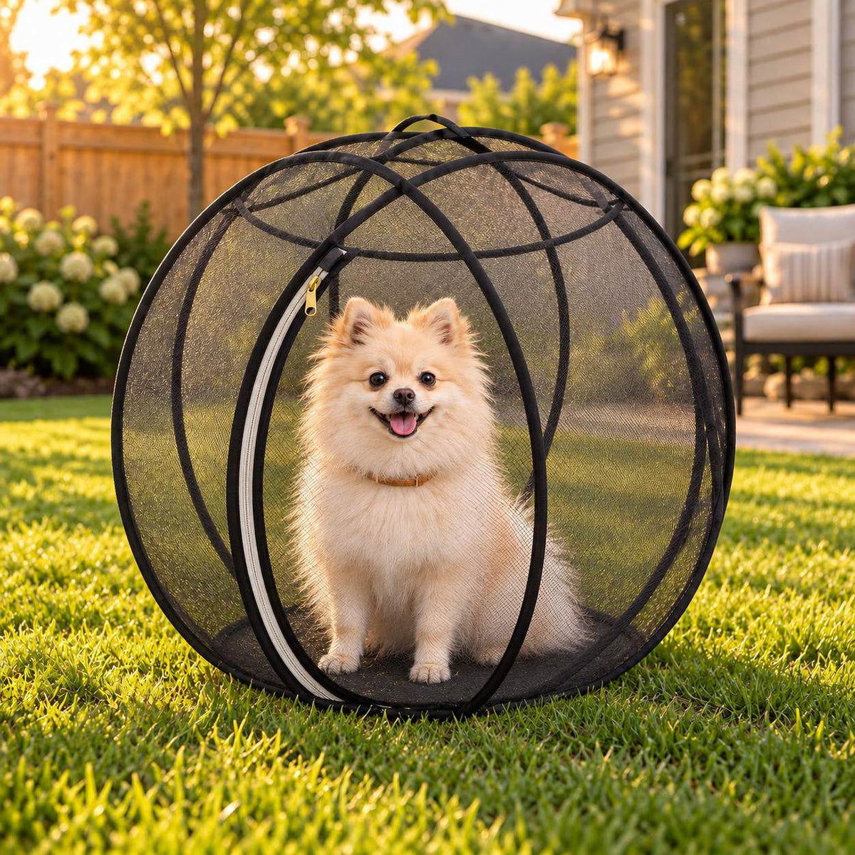 Black mesh pop-up bubble playpen with Bean, a small cream Pomeranian, sitting inside on a backyard lawn. AI-generated product scene.